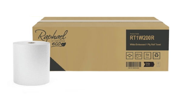 Raphael White Roll Towel - Embossed - 1 Ply - Case 6 x 200m